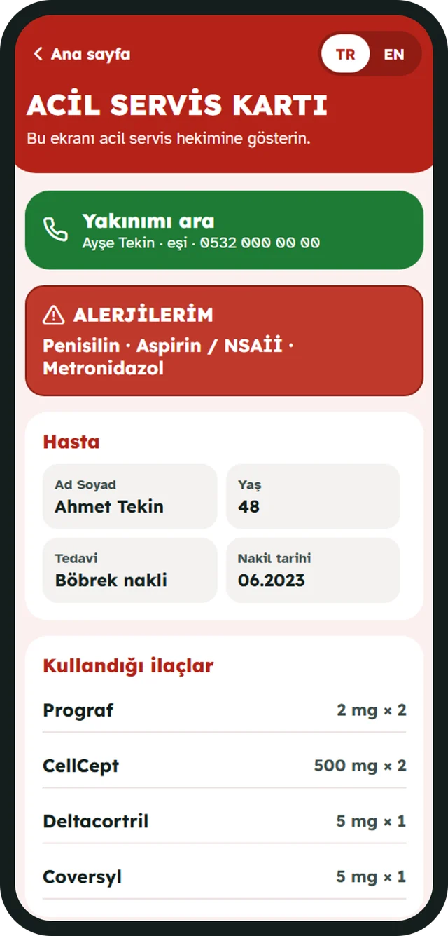 Acil servis kartı: alerjiler, hasta bilgisi ve kullandığı ilaçlar