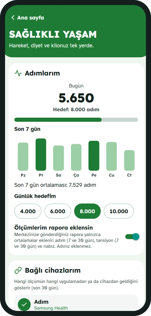 Adımlarım ekranı: günlük adım ve son 7 gün
