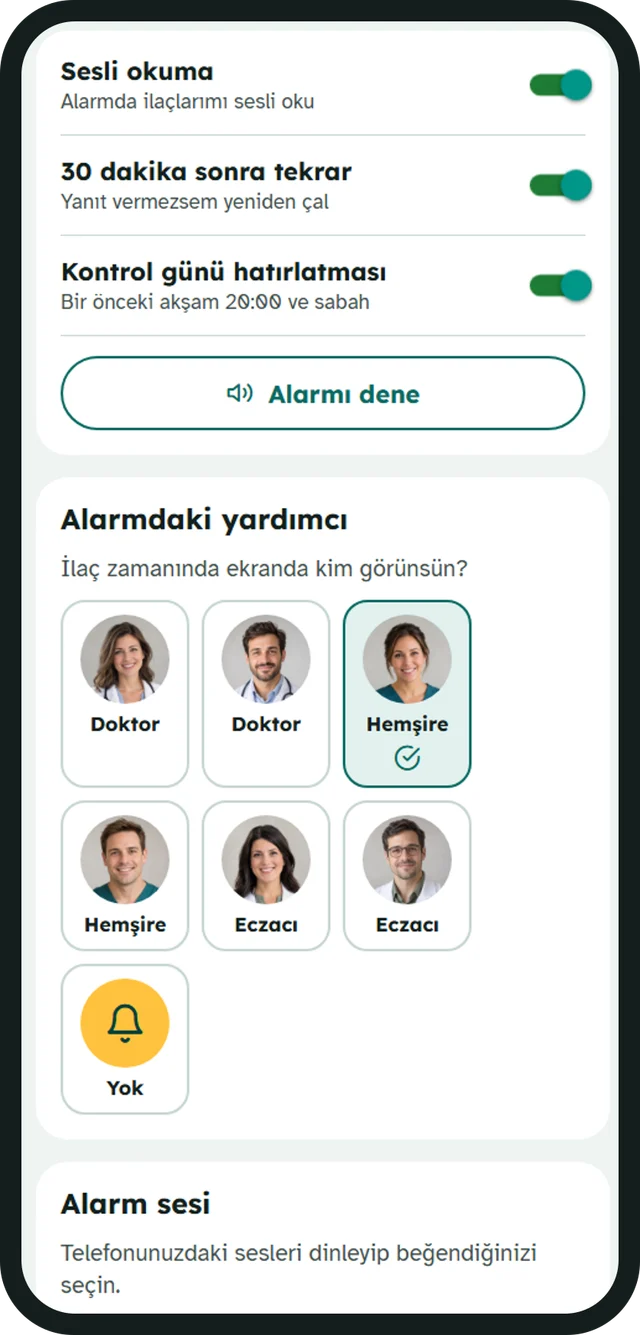 Alarm ayarları: alarmdaki yardımcının seçimi — doktor, hemşire ya da eczacı