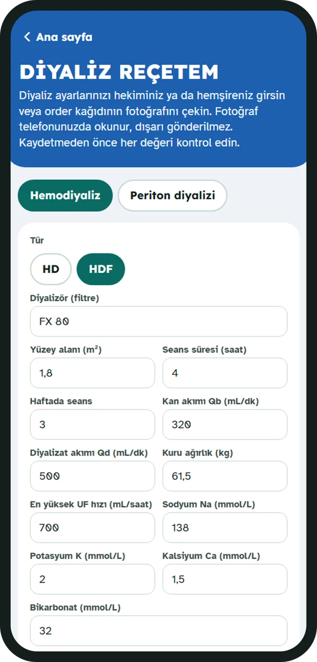 Diyaliz reçetesi ekranı